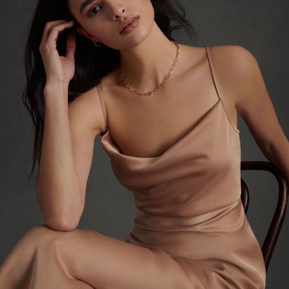 BHLDN Cali Satin Cowl Neck MIDI Slip Dress Sand Dune Color
